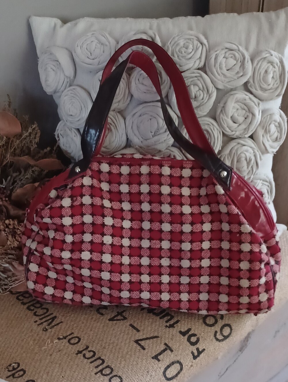 Vintage Red Checkered Shoulder Bag with Cream Accents